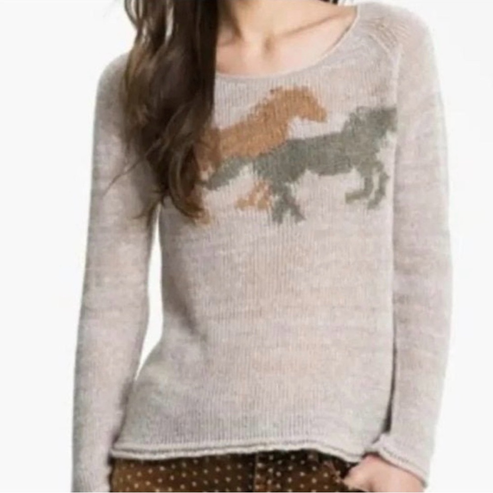 Free People Sweater Women’s XS Beige PONY RIDE Cloud Horse Crew Pullover $128